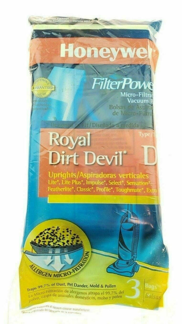 Royal Dirt Devil Type D Upright 3 Vacuum Bags by Honeywell Micro-Filtration New