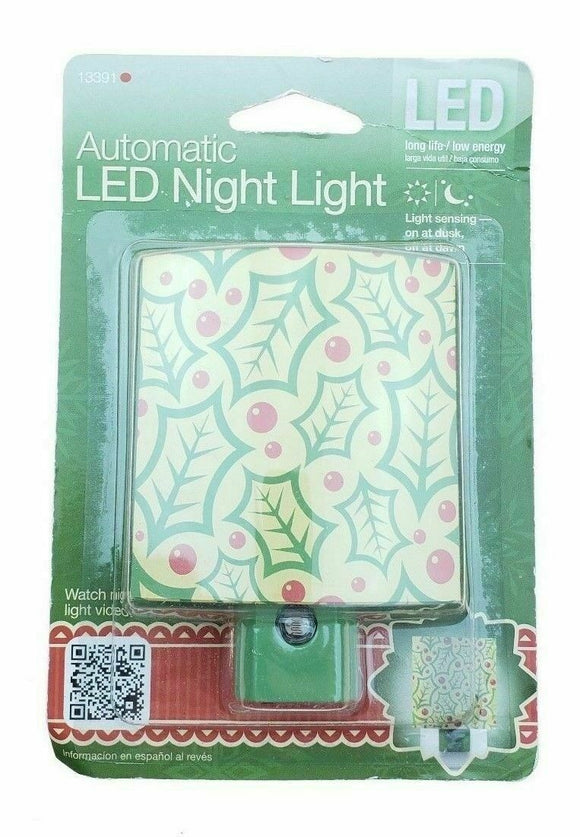 Christmas LED Automatic Night Light Green Yellow Red Leaves Berries Auto On Off